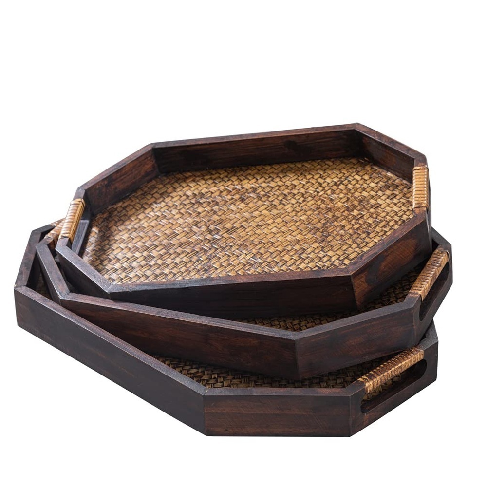 Brown Wooden Set of 3 Nesting Serving Trays